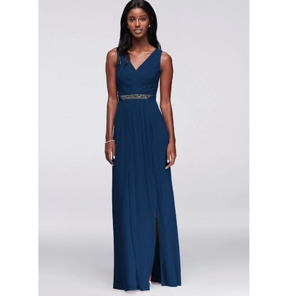 David's Bridal Dresses & Skirts - DAVID'S BRIDAL  W11092 Long Mesh Dress with V-Neck and Beaded Waistband
